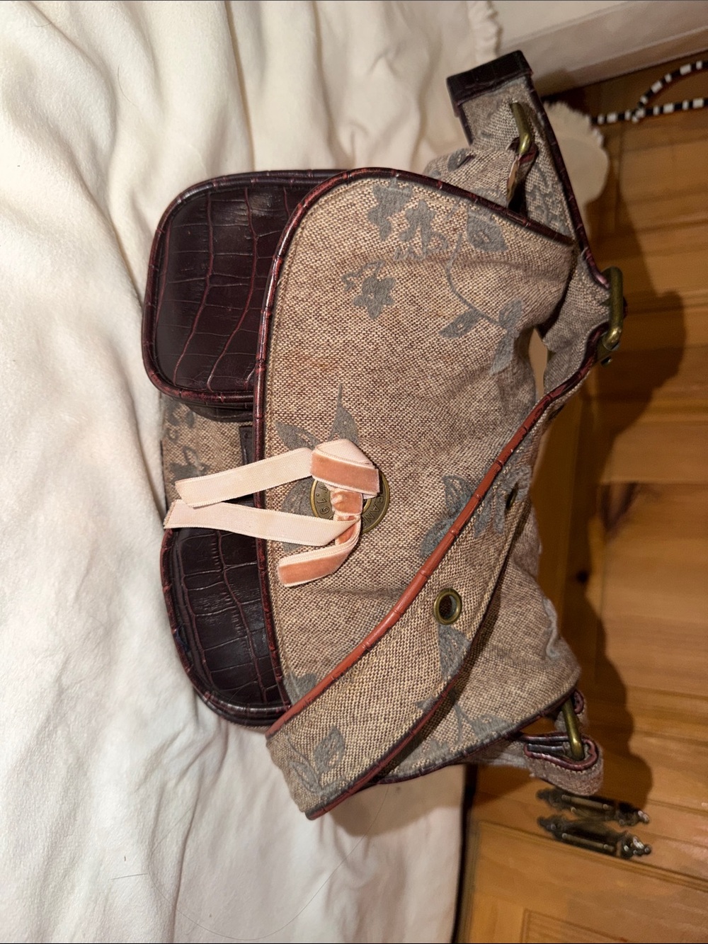Floral fabric and faux leather Shoulder Bag